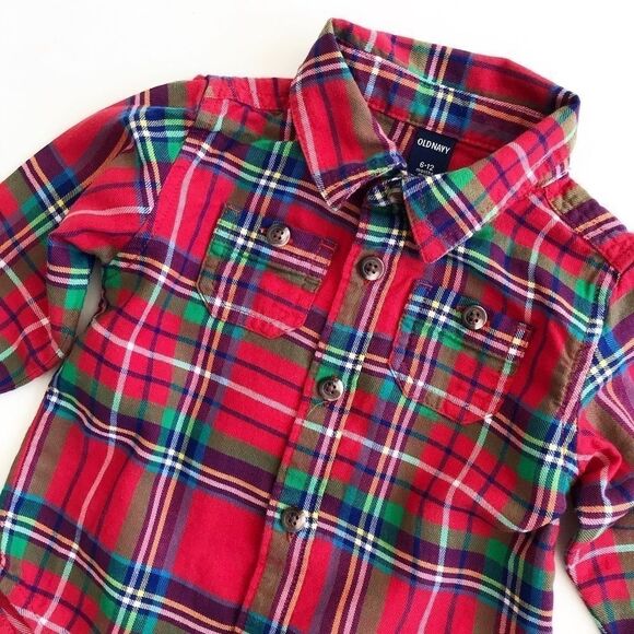 Old navy red plaid button down shirt EUC 6-12m - Picture 2 of 4